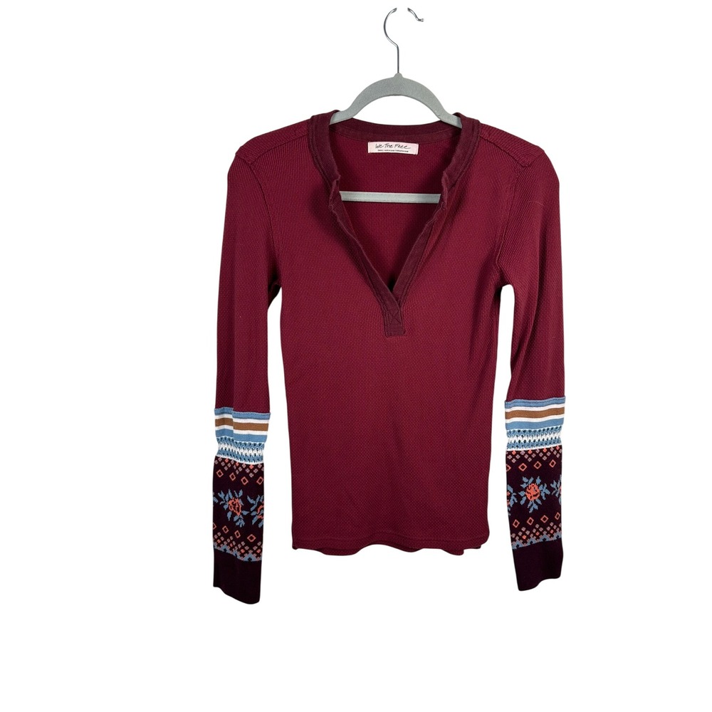 We The Free Thermal Henley Women Small Burgundy Very Good Fair Isle Waffle Knit